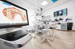 Hi-tech dental equipment showing mouth impression on screen.